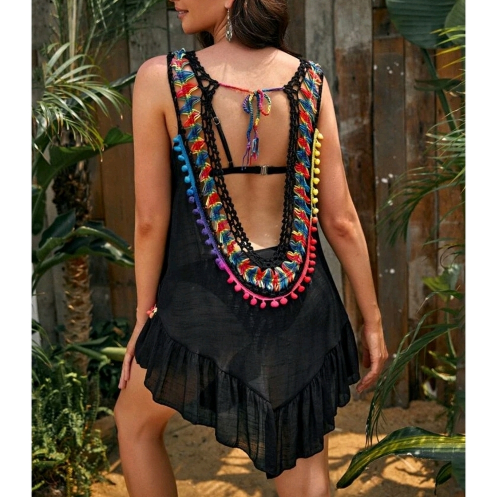 Tie Backless Ruffle Black Cover Up